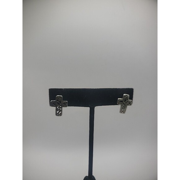 Vintage Earrings Pierced Post Stud Cross Cutout Silver Tone Jewelry Costume - Picture 2 of 12